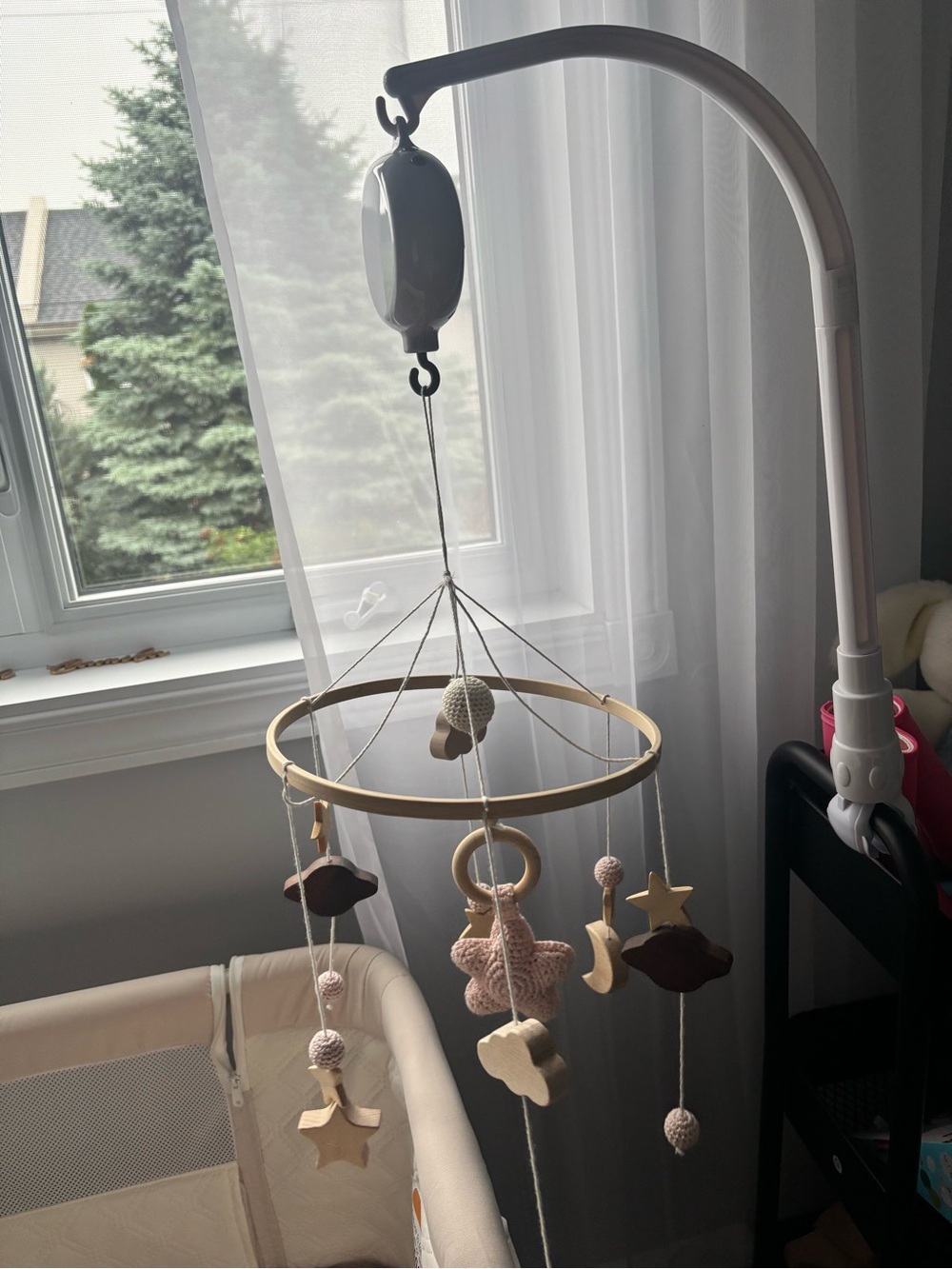 Wood and Crochet Baby Mobile - Pink Stars & Clouds with music